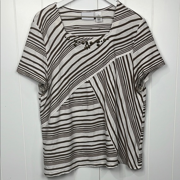 Alfred Dunner Womens Top Chocolate Brown Cream XL Pullover Beading Stripes Flaw - Picture 1 of 11